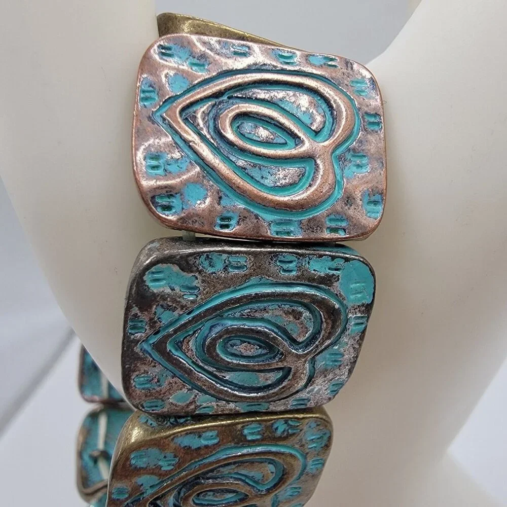 Vintage Chunky‎ Link Patina Bracelet Blue MOD Rare Artisan Statement Stretch